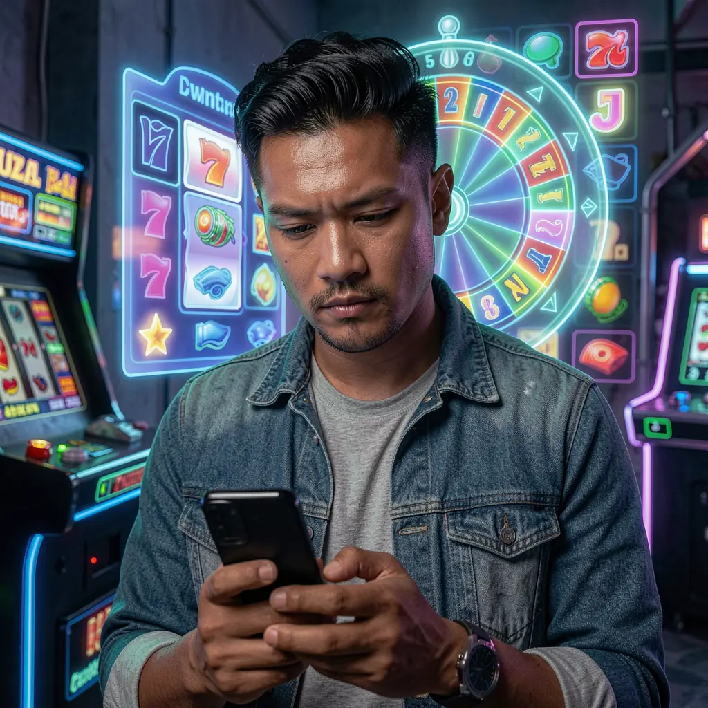 Focused Filipino player holding a smartphone with glowing roulette numbers floating around him showcasing the immersive PHH1 casino app experience in the Philippines