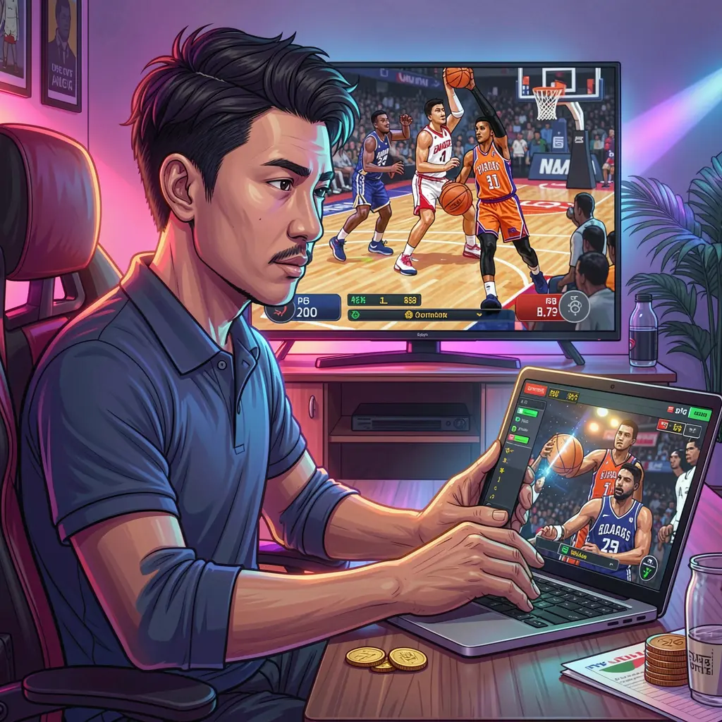 Focused Filipino bettor analyzing basketball odds on a laptop with live game action behind using the PHH1 betting platform