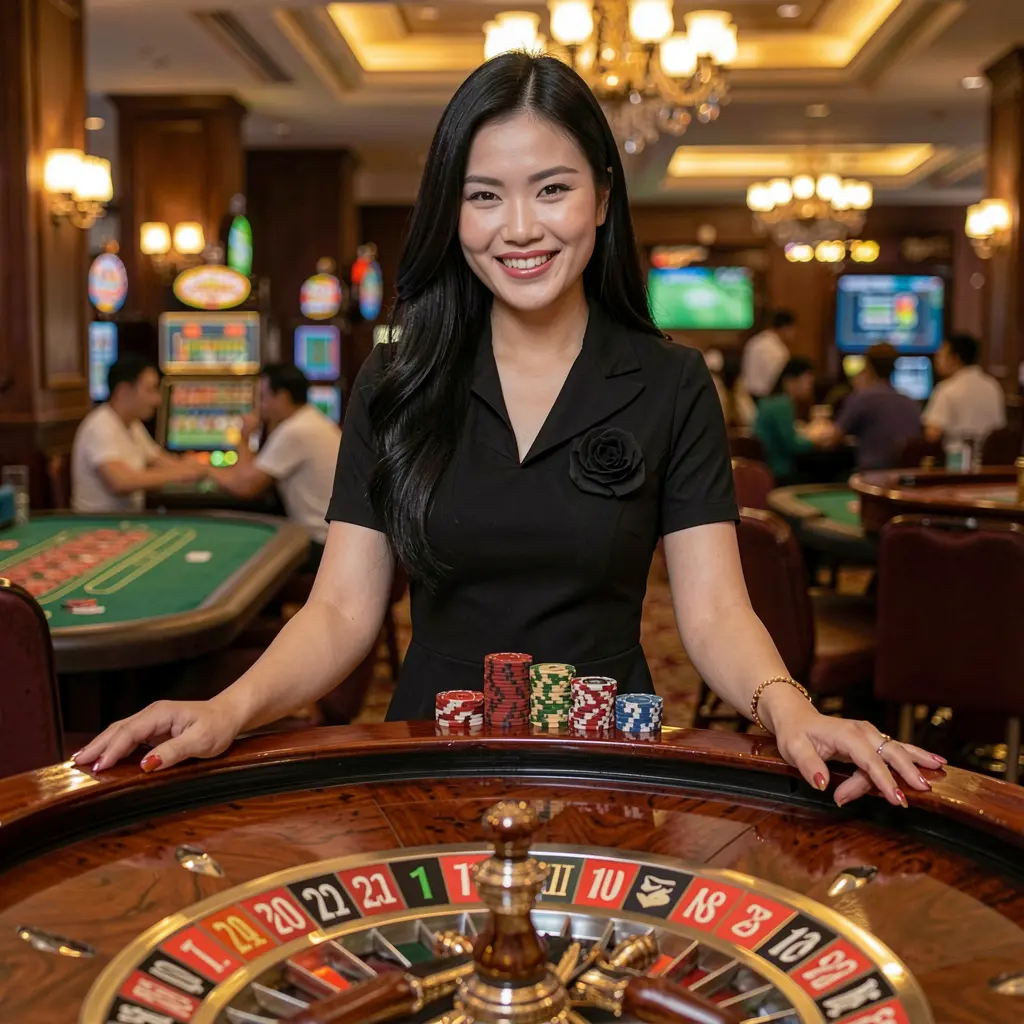 Professional live dealer at a modern roulette table with vibrant casino lights creating an immersive online gaming atmosphere offered by PHH1 in the Philippines