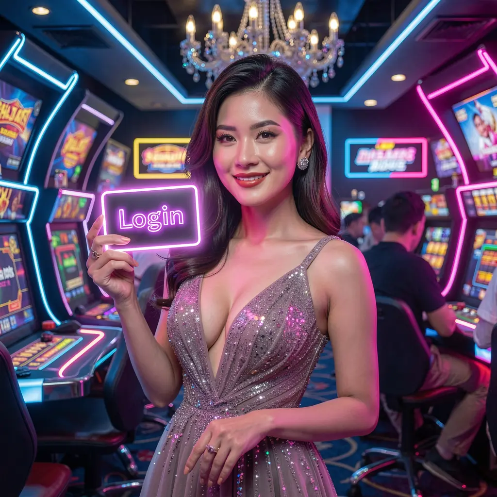 Confident Filipino woman holding a glowing login card in a futuristic casino scene highlighting secure access at PHH1 Philippines