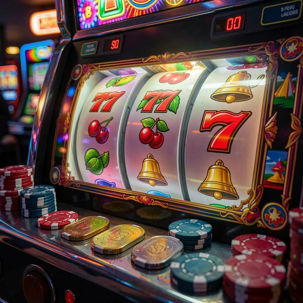 Classic casino slot machine with red sevens cherry symbols and golden bells surrounded by glowing coins representing high energy slot gaming on PHH1 in the Philippines